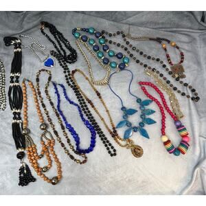 Huge Lot 16 Vintage Costume Necklaces Chunky Various Beads Gold Tone Boho Stones